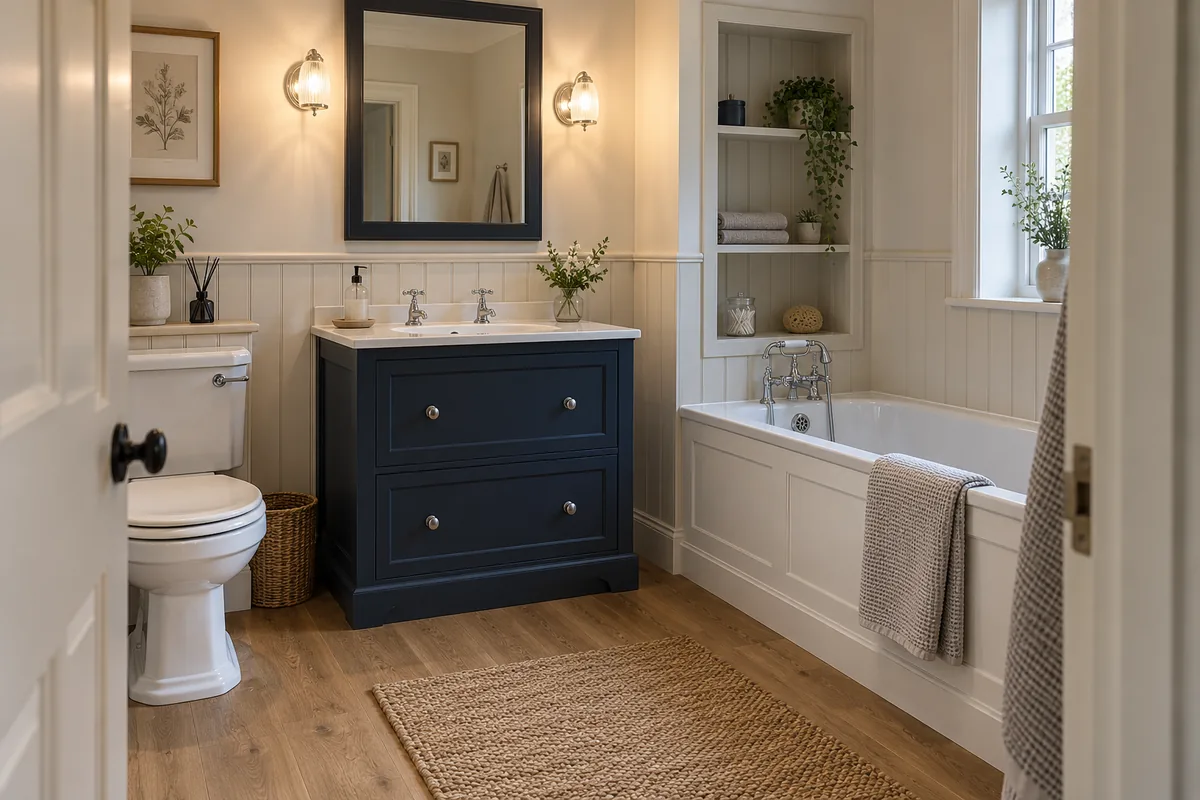 Compact bathroom with a fitted basin and coordinated storage