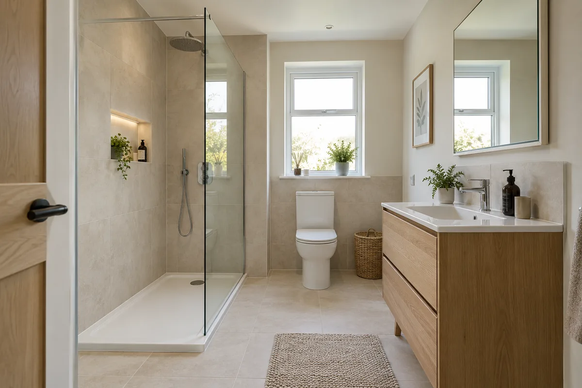 Compact bathroom with a fitted basin and coordinated storage