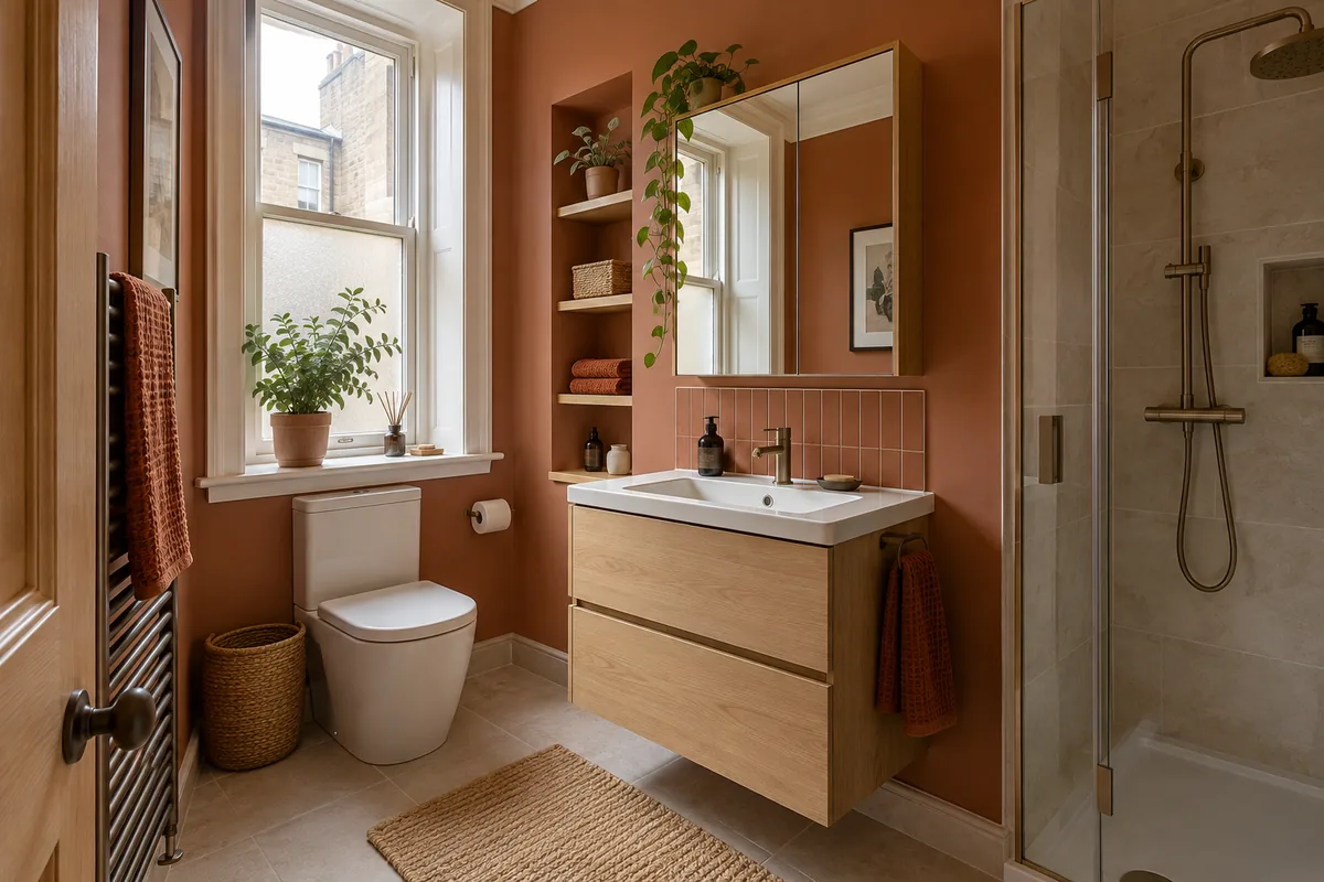 Compact bathroom with a fitted basin and coordinated storage