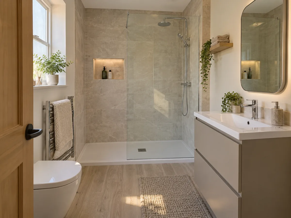 Compact bathroom with a fitted basin and coordinated storage