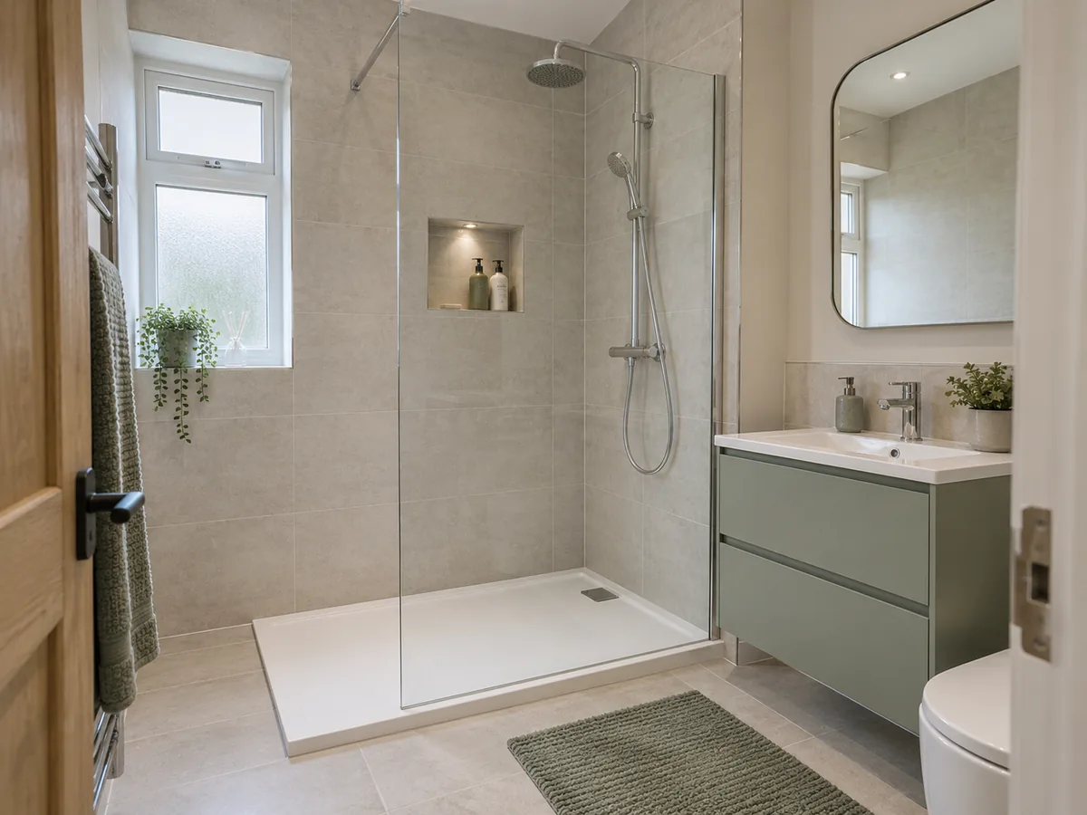 Compact bathroom with a fitted basin and coordinated storage