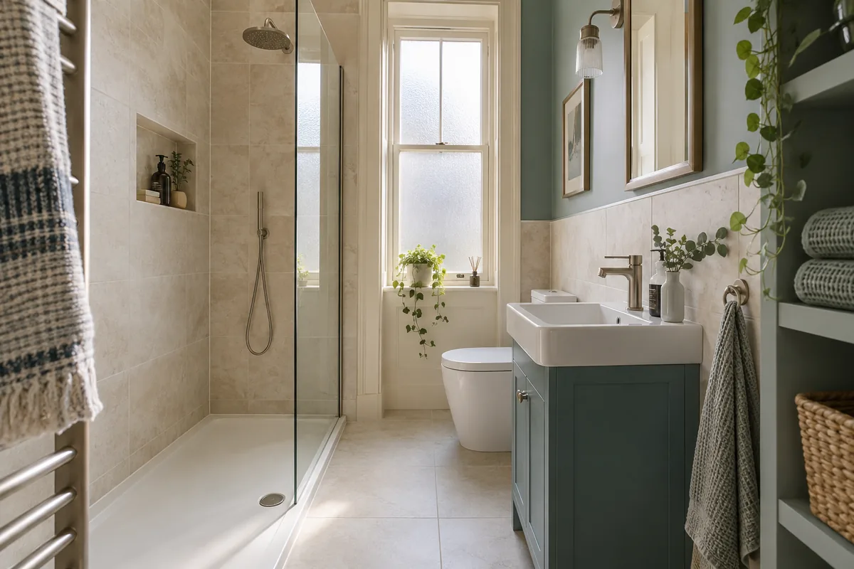 Compact bathroom with a fitted basin and coordinated storage