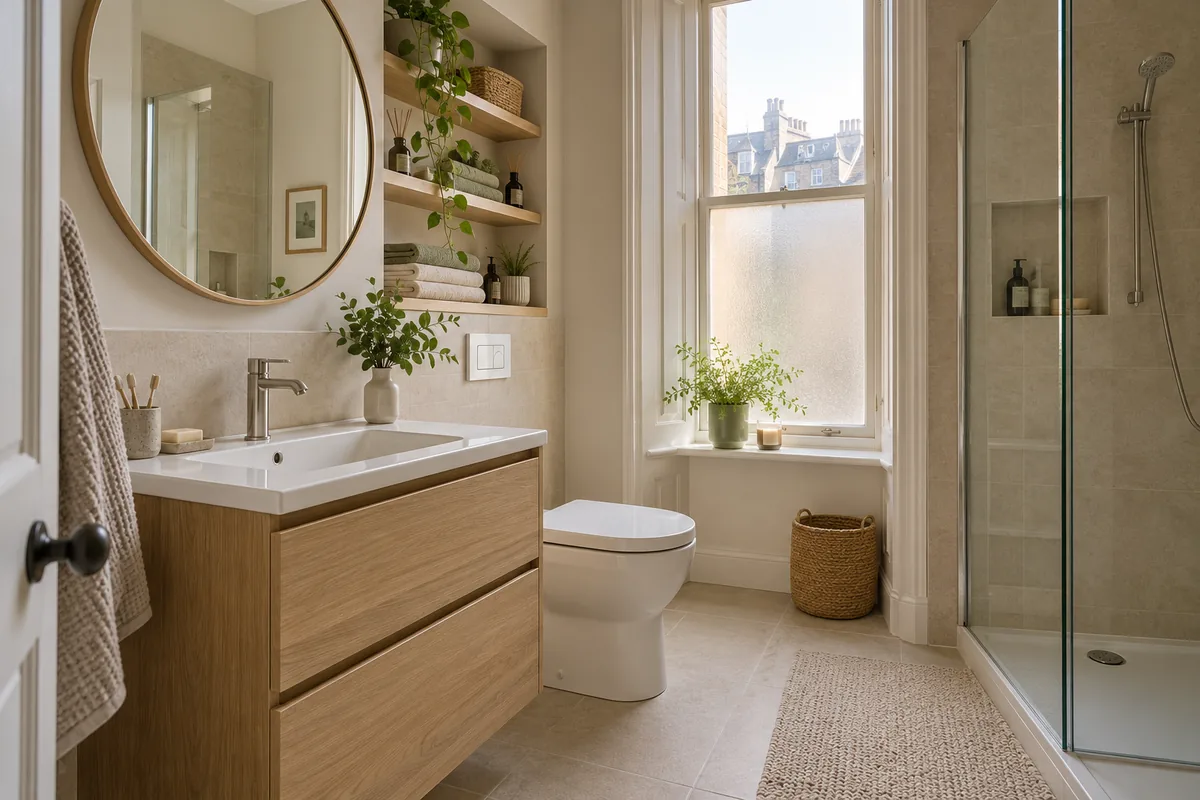 Compact bathroom with a fitted basin and coordinated storage