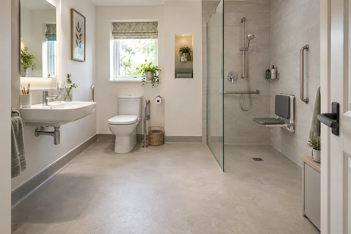 Level-entry shower room with grab rails and a shower seat