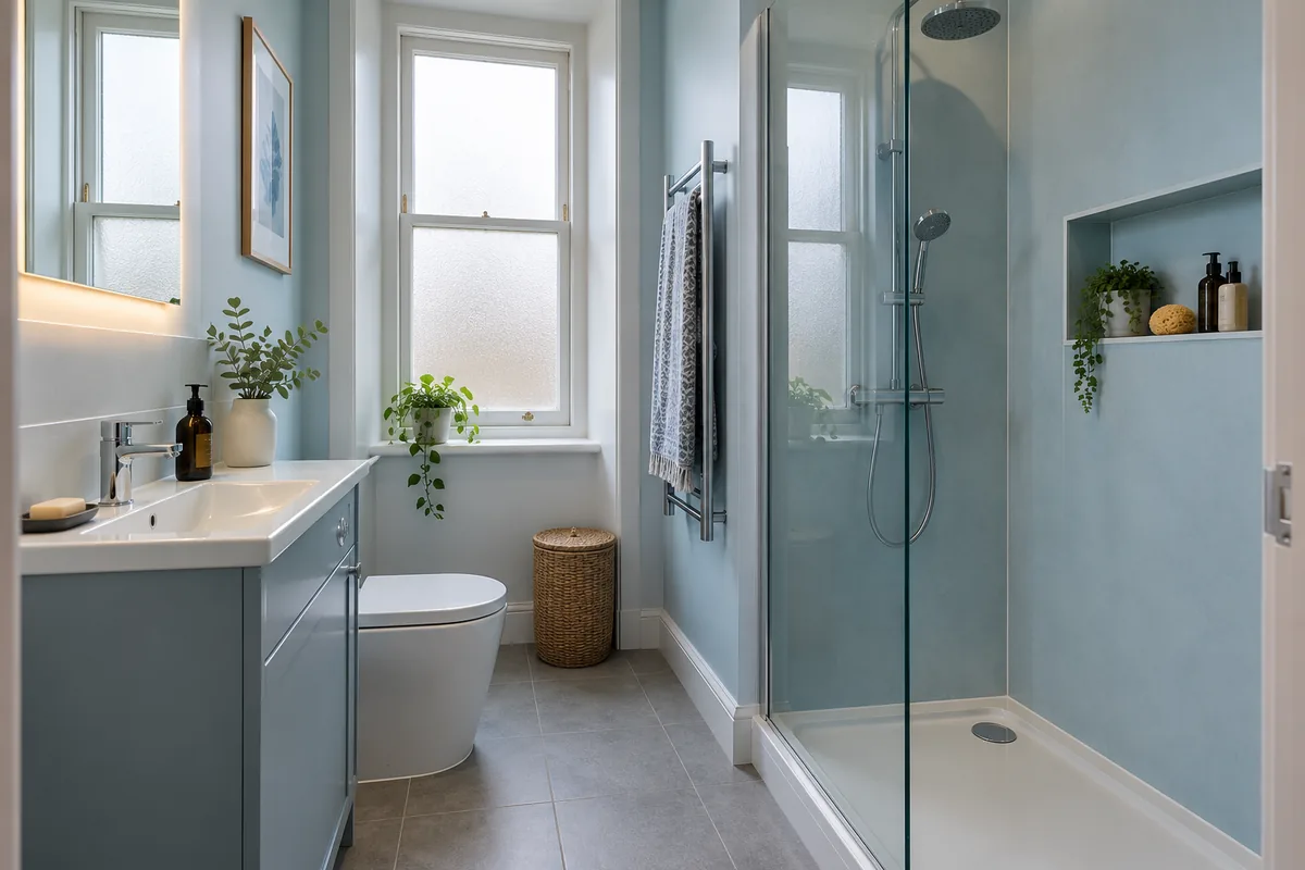 Compact bathroom with a fitted basin and coordinated storage