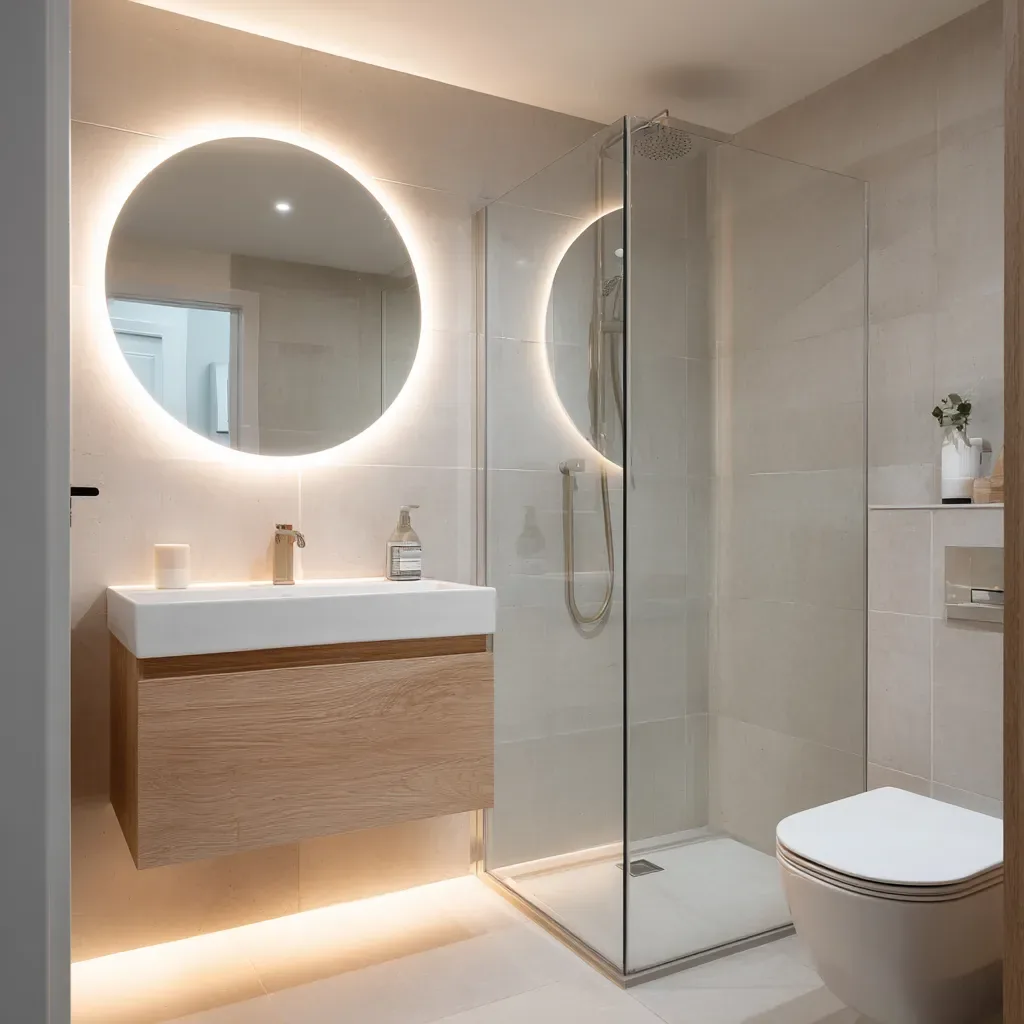 Light grey bathroom with a glass shower screen