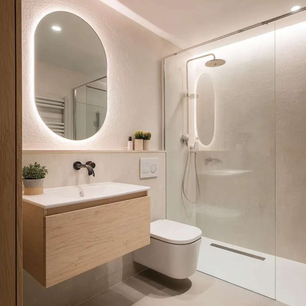 Compact shower room with a wood vanity and round mirror