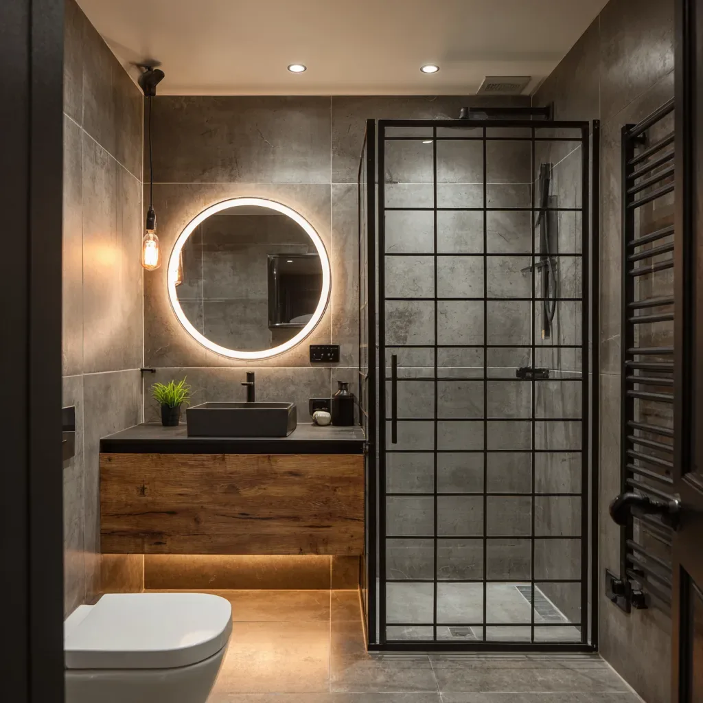 Smoked wood vanity and black-framed shower in a narrow room