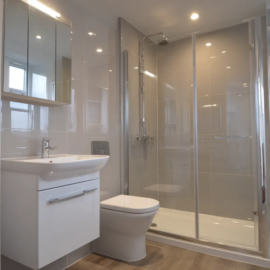 White vanity beside a sliding shower enclosure