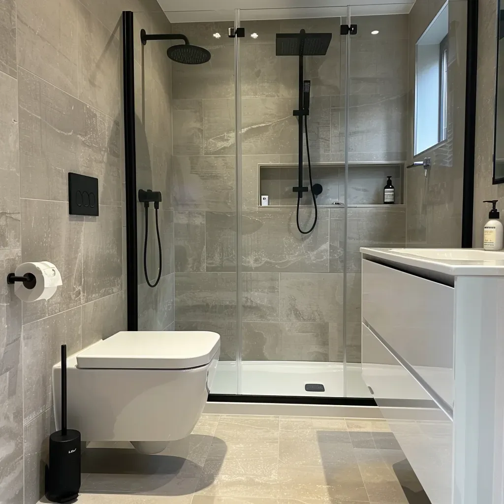 Stone-effect shower room with black fittings