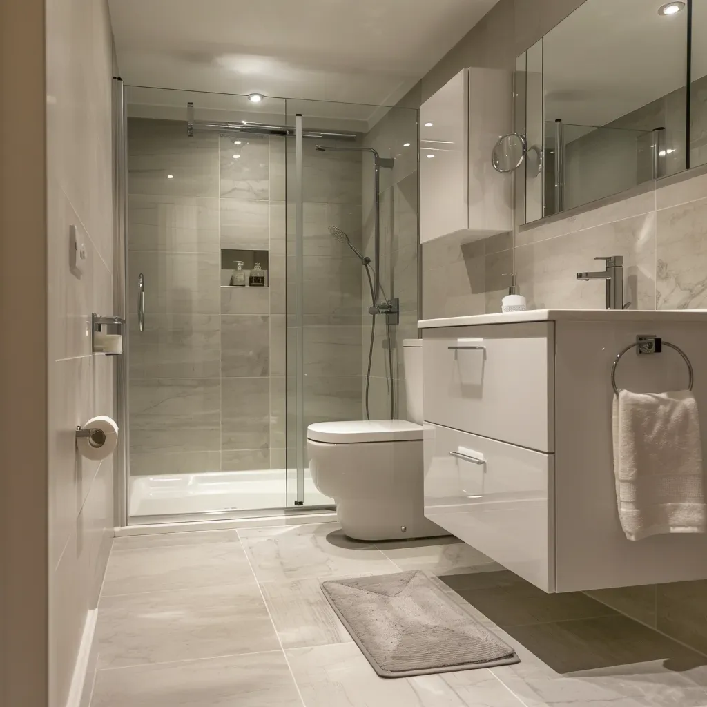 Narrow bathroom with wall-hung vanity and shower