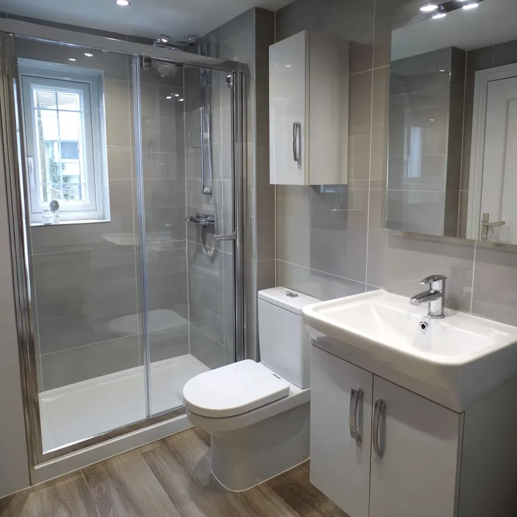 Grey shower room with a mirrored bathroom cabinet