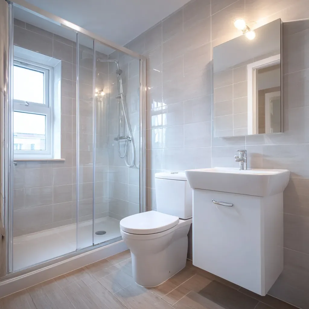 White vanity and enclosed shower beside a window