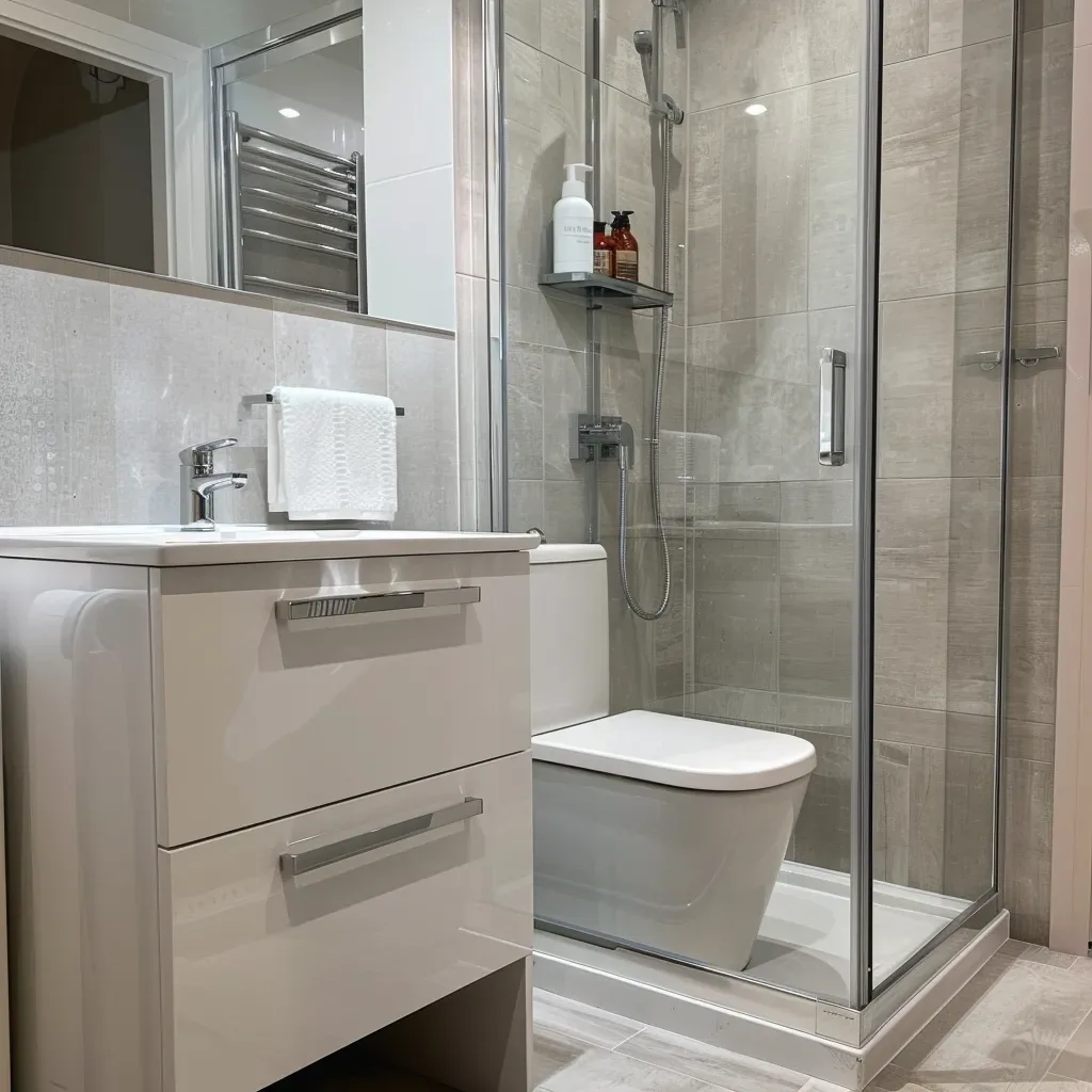Drawer vanity beside a corner shower