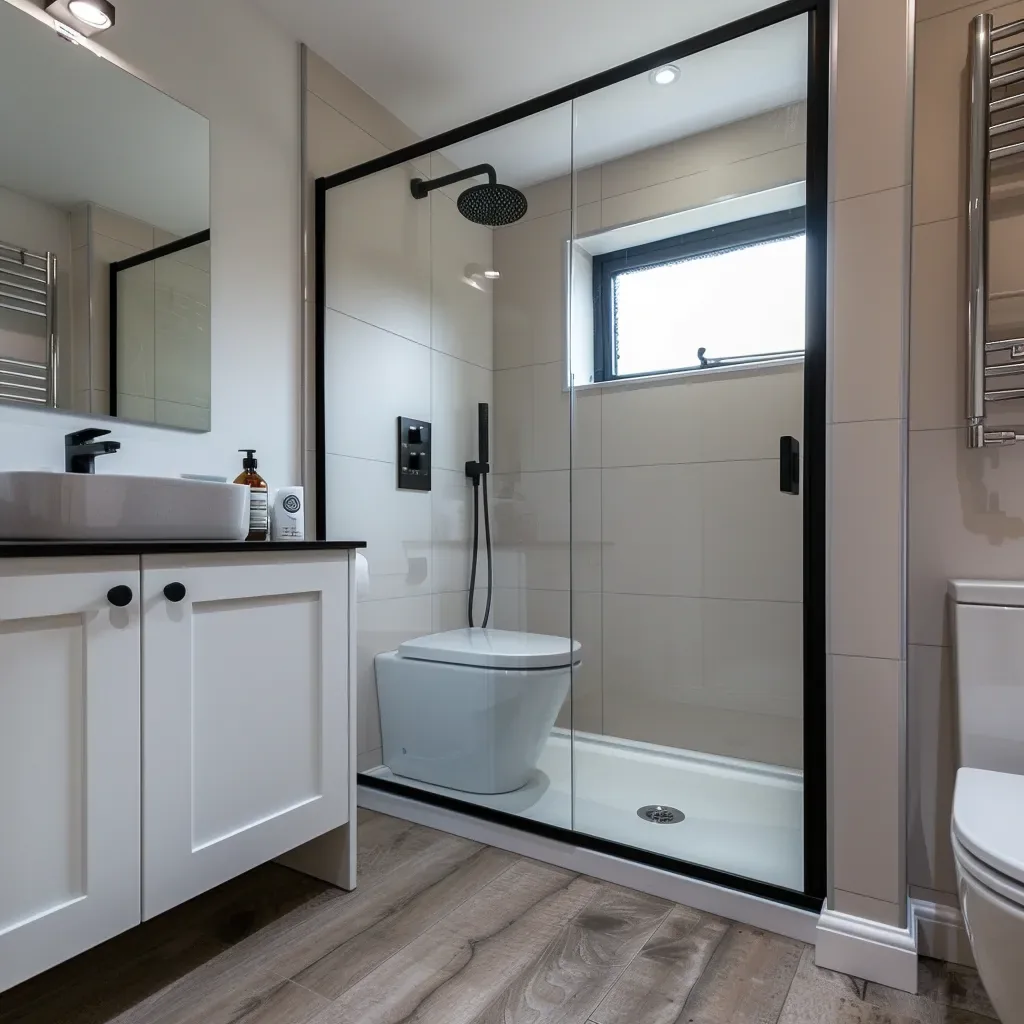 White vanity and black-framed shower screen