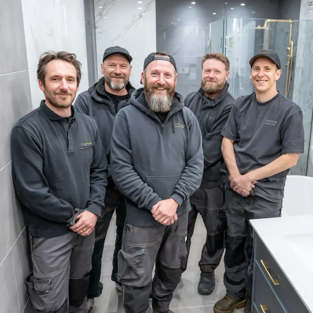 Bathroom fitters in work clothes standing together